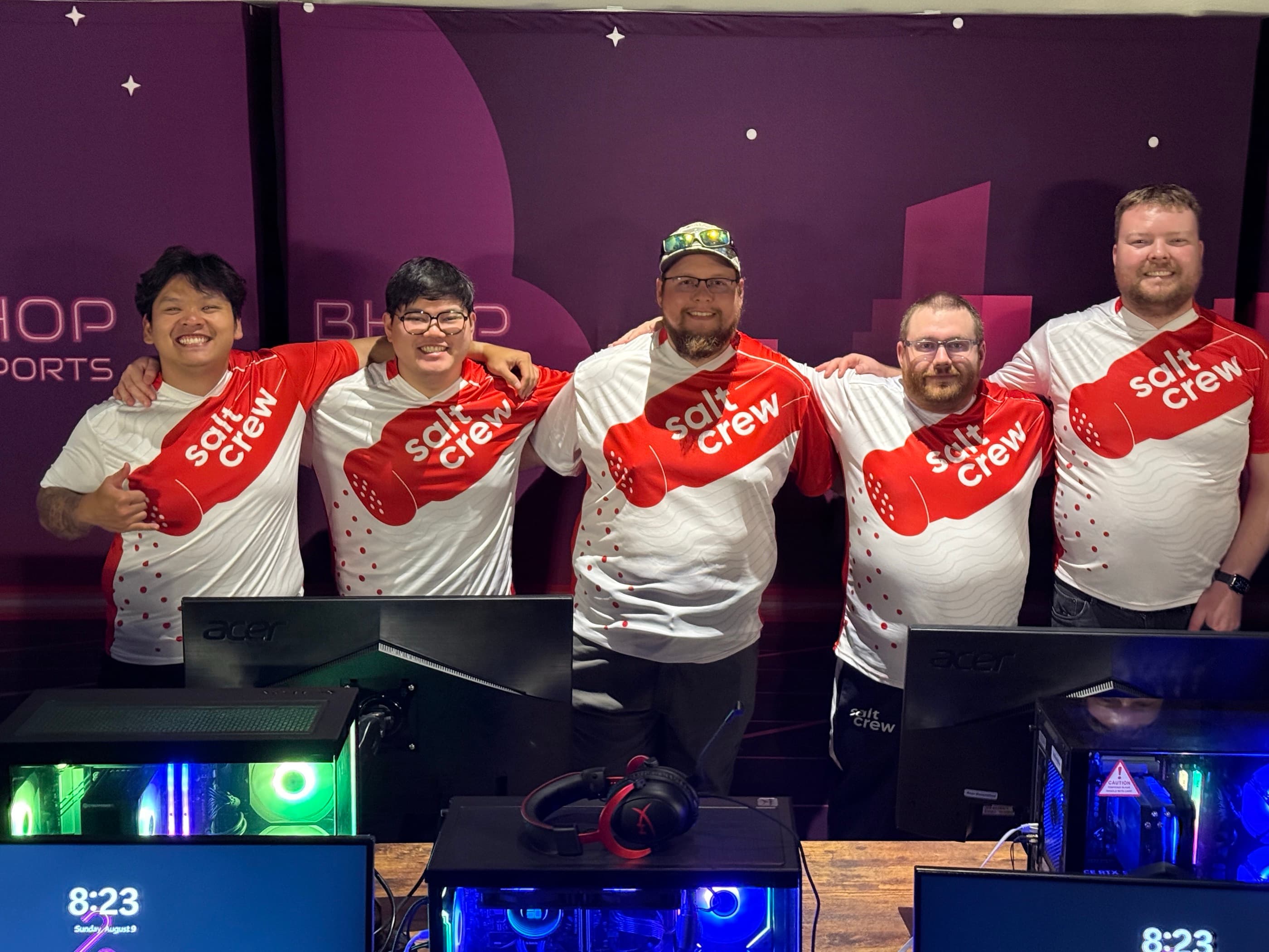 The Saltcrew roster lined up on stage at BHOP LAN, August 2026